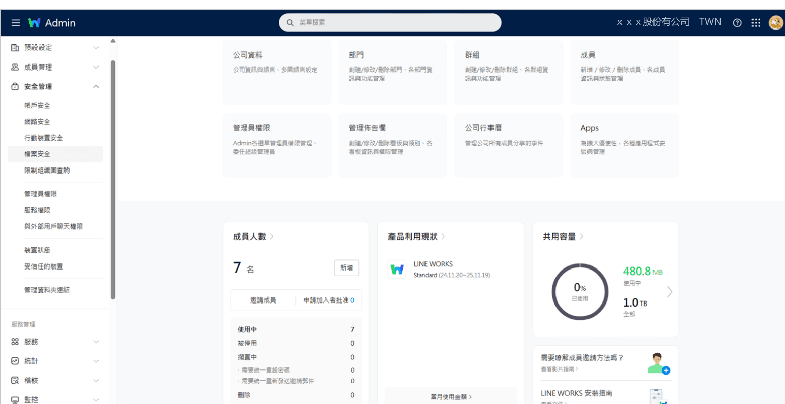LINE WORKS 管理者後台：安全管理選單與成員／容量儀表板
