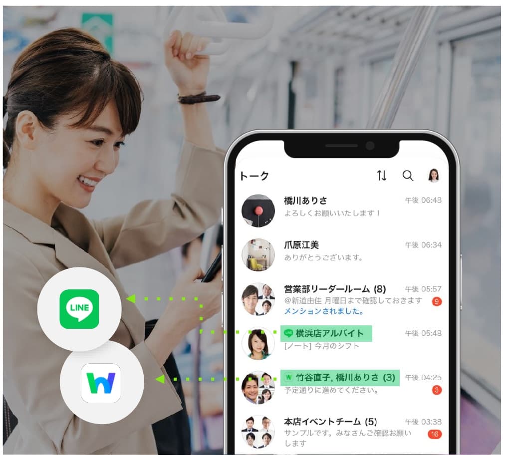 手持手機顯示 LINE WORKS 的聊天列表，畫面左下角並列 LINE 與 LINE WORKS 兩個圖示